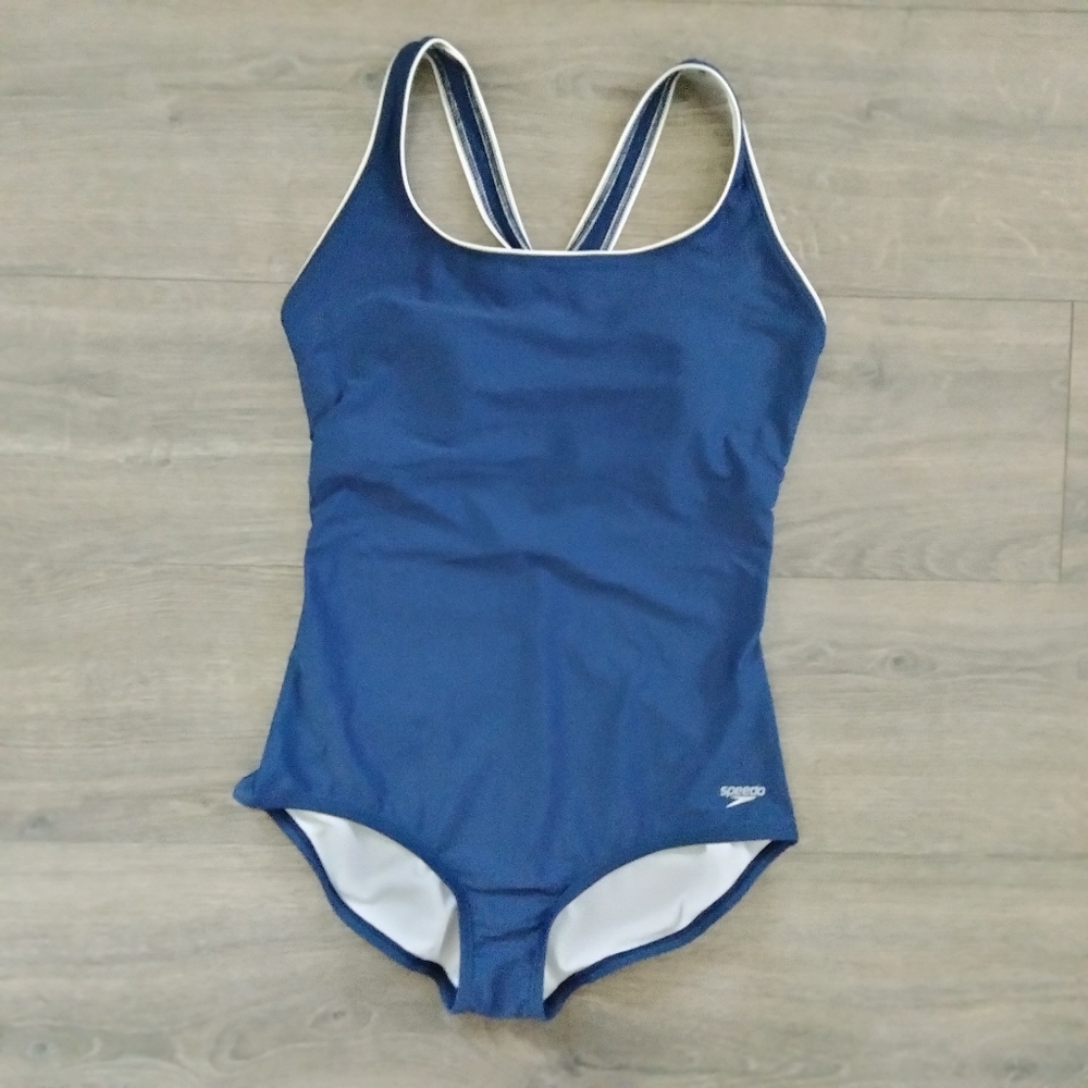 Speedo Women’s One Piece Racerback Swimsuit Size L Navy With White Trim